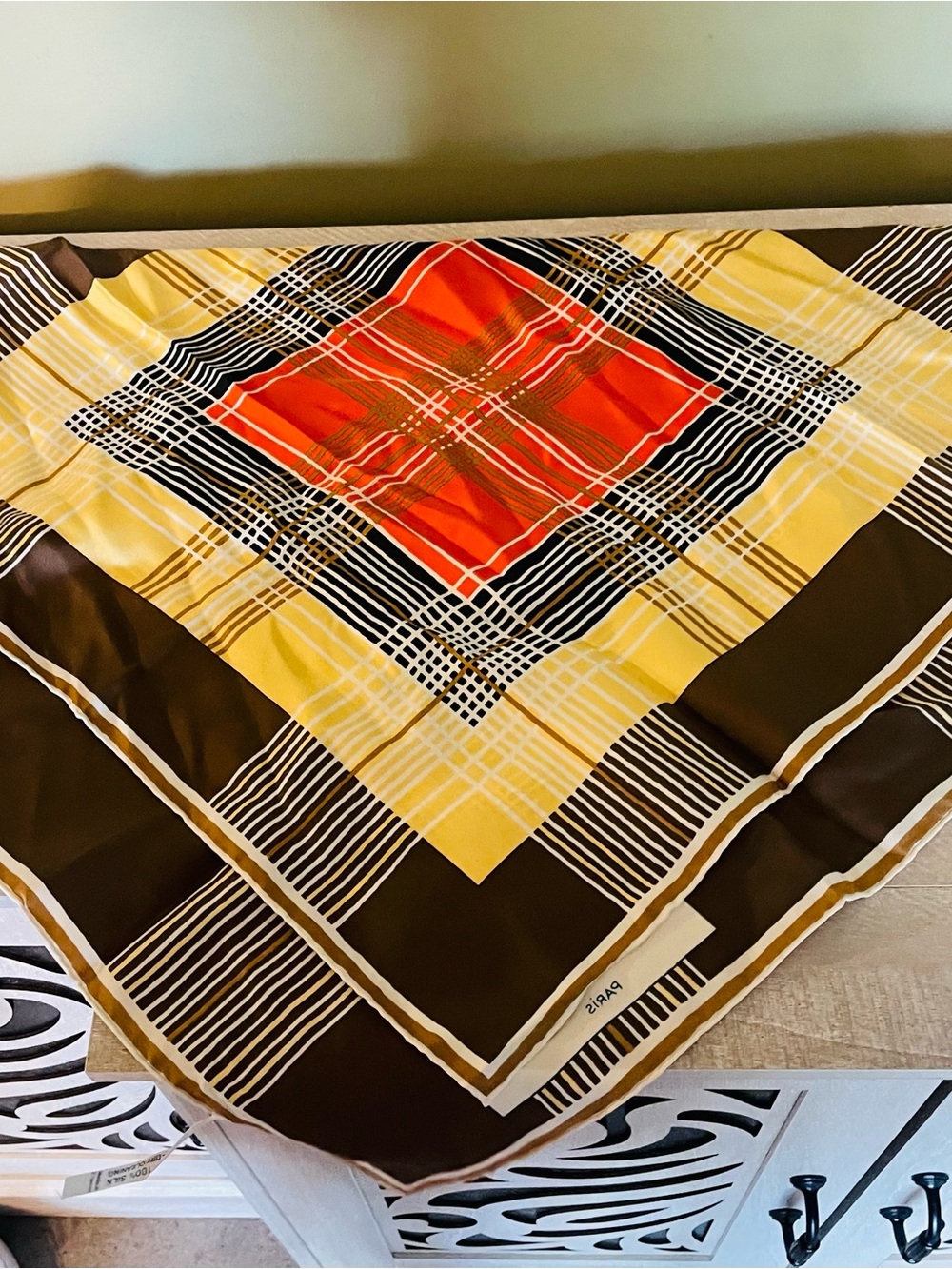 Vintage Silk Pierre Cardin ladies scarf accessory brown fall 60s retro groovy